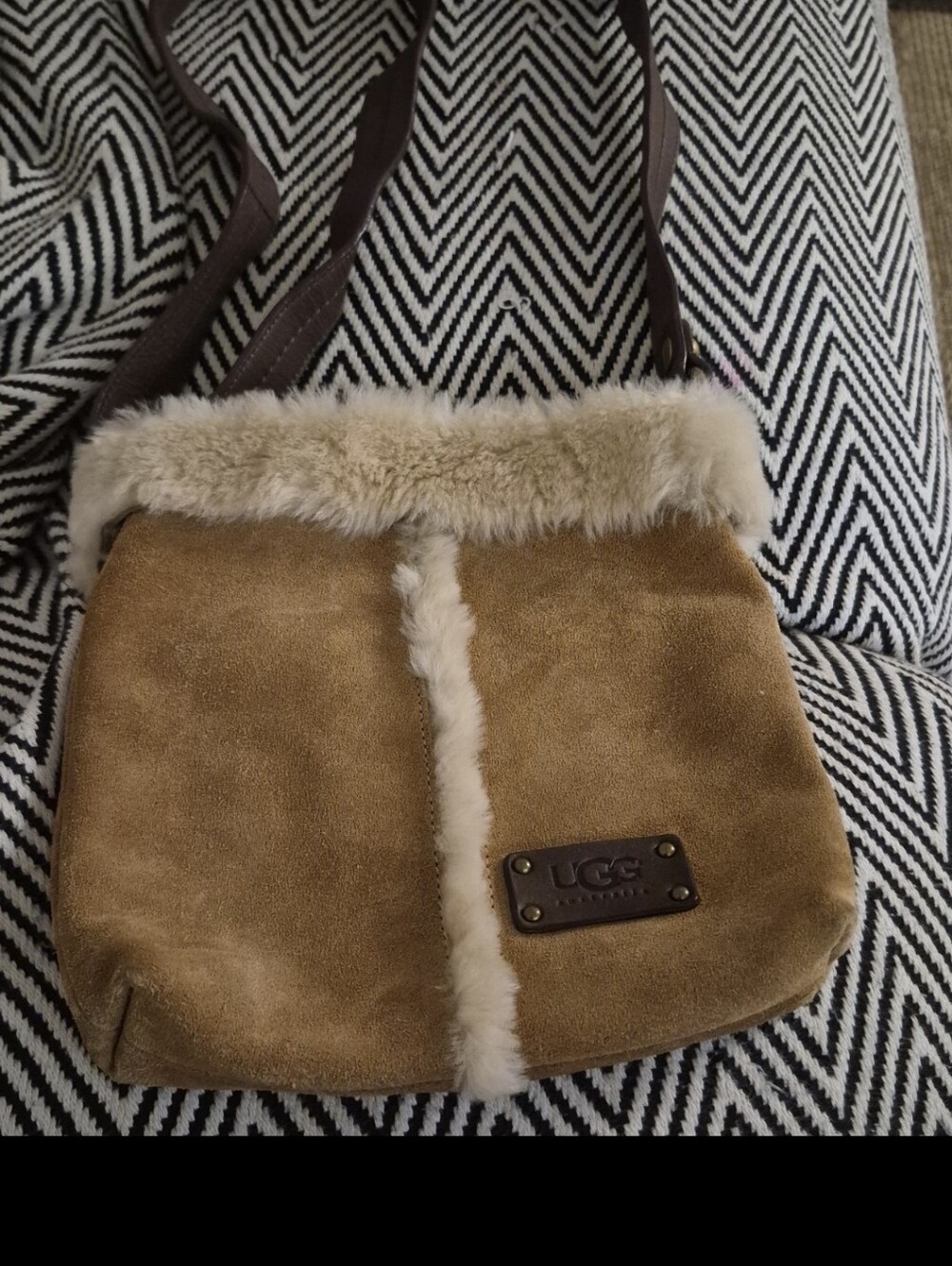 UGG Chestnut Suede Crossbody with Shearling Trim